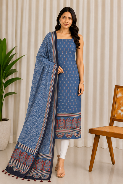Ajrakh Modal Silk Natural Dye Three Colour Print | 3 Kam | Hand Block Print Kurta-Dupatta (Two Piece Set) with Full Ajrakh Heavy Dupatta with Tassels - 2.5 Mtr Length   -  SKU : AI1060AD