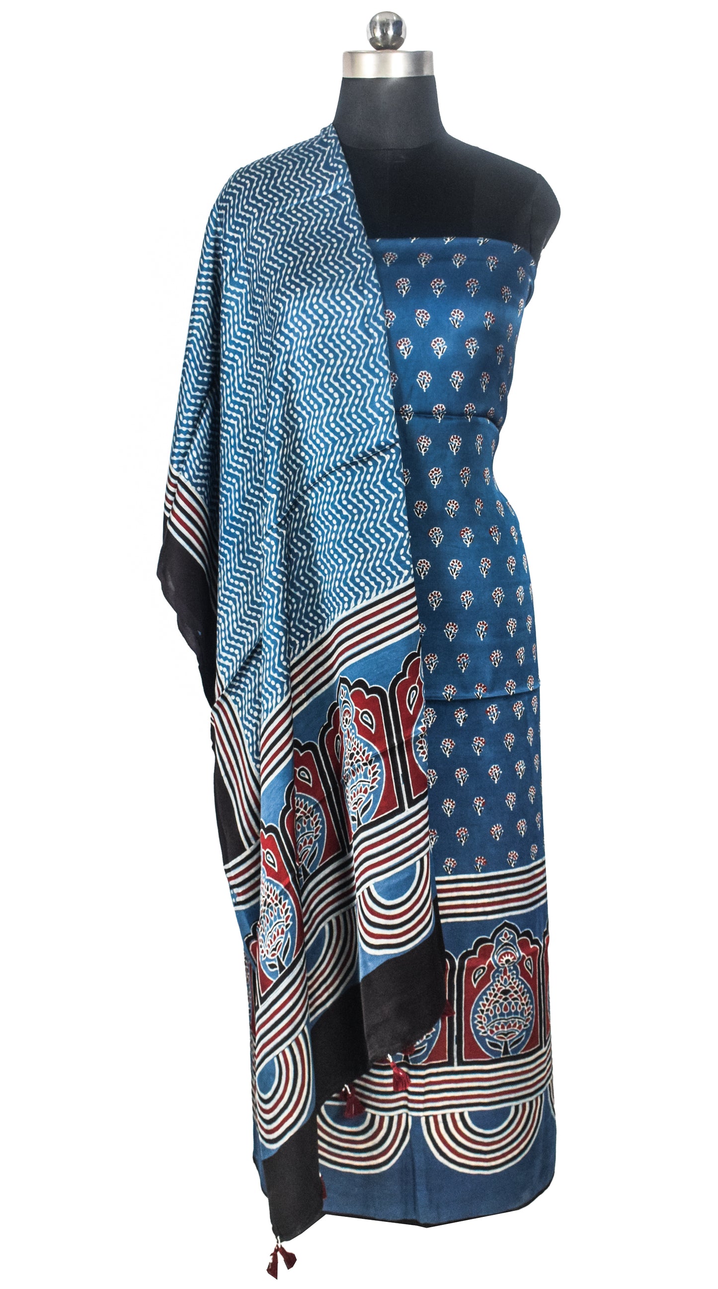 Ajrakh Modal Silk Natural Dye Three Colour Print | 3 Kam | Hand Block Print Kurta-Dupatta (Two Piece Set) with Full Ajrakh Heavy Dupatta with Tassels - 2.5 Mtr Length   -  SKU : AI1060AD