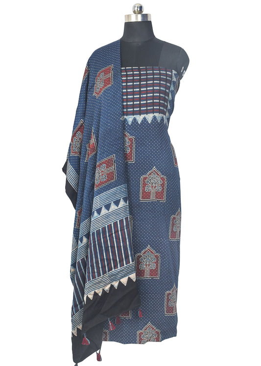 Ajrakh Modal Silk Natural Dye Hand Block Print Kurta-Dupatta (Two Piece Set) with Full Ajrakh Heavy Dupatta with Tassels - 2.5 Mtr Length    -  SKU : AI22101H