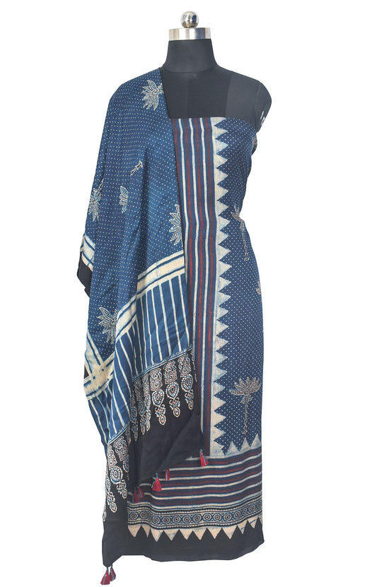 Ajrakh Modal Silk Natural Dye Hand Block Print Kurta-Dupatta (Two Piece Set) with Full Ajrakh Heavy Dupatta with Tassels - 2.5 Mtr Length    -  SKU : AI22101J