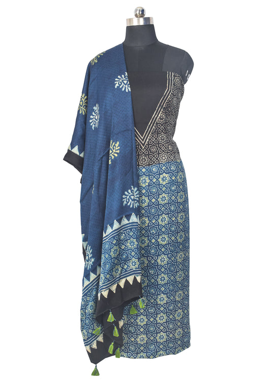 Ajrakh Modal Silk Natural Dye Hand Block Print Kurta-Dupatta (Two Piece Set) with Full Ajrakh Heavy Dupatta with Tassels - 2.5 Mtr Length    -  SKU : AI22101O