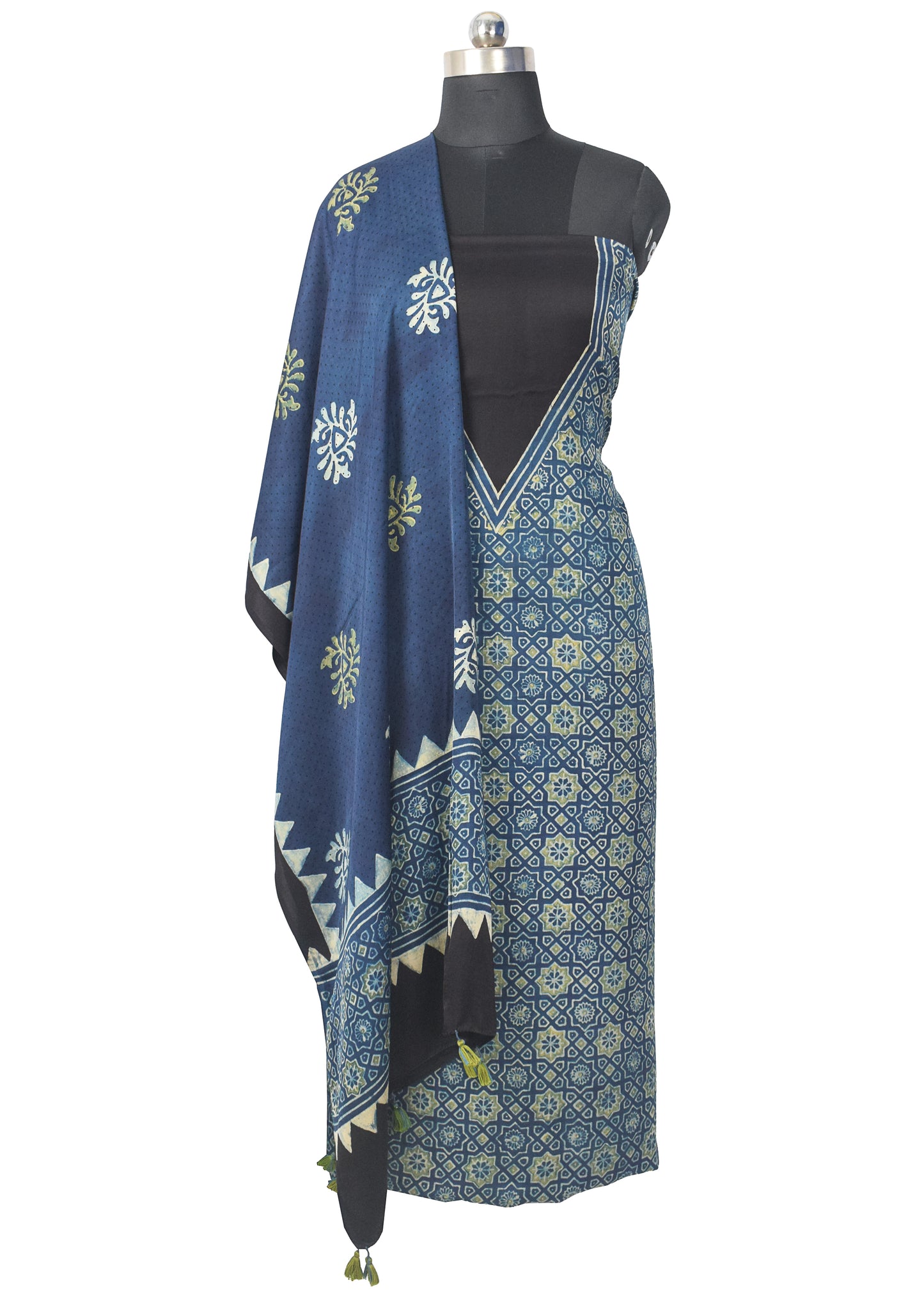 Ajrakh Modal Silk Natural Dye Hand Block Print Kurta-Dupatta (Two Piece Set) with Full Ajrakh Heavy Dupatta with Tassels - 2.5 Mtr Length    -  SKU : AI22101Y