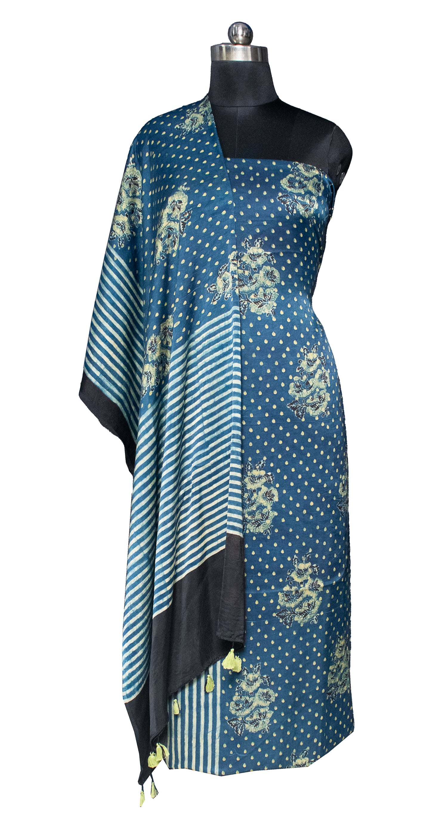 Ajrakh Modal Silk Natural Dye Hand Block Print Kurta-Dupatta (Two Piece Set) with Full Ajrakh Heavy Dupatta with Tassels     -  SKU : ID25701B