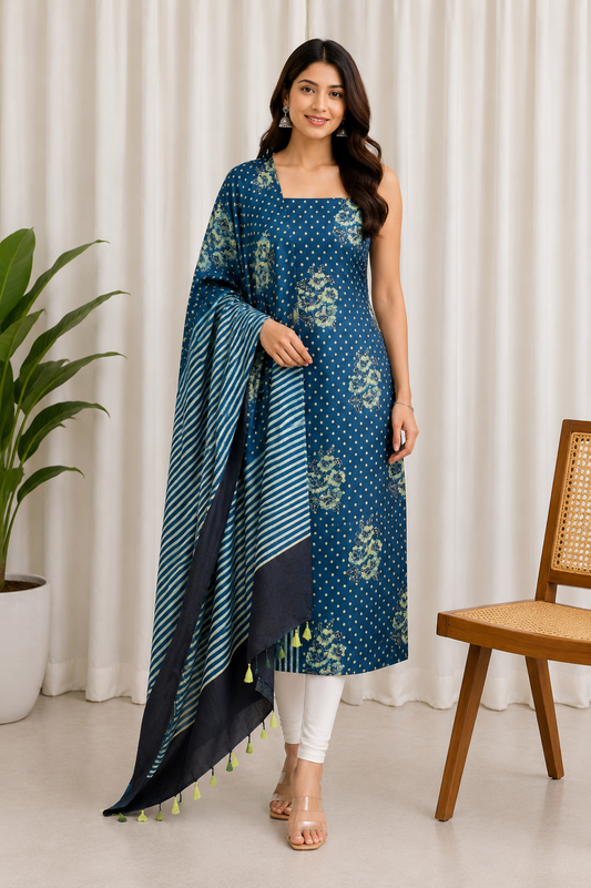 Ajrakh Modal Silk Natural Dye Hand Block Print Kurta-Dupatta (Two Piece Set) with Full Ajrakh Heavy Dupatta with Tassels     -  SKU : ID25701B
