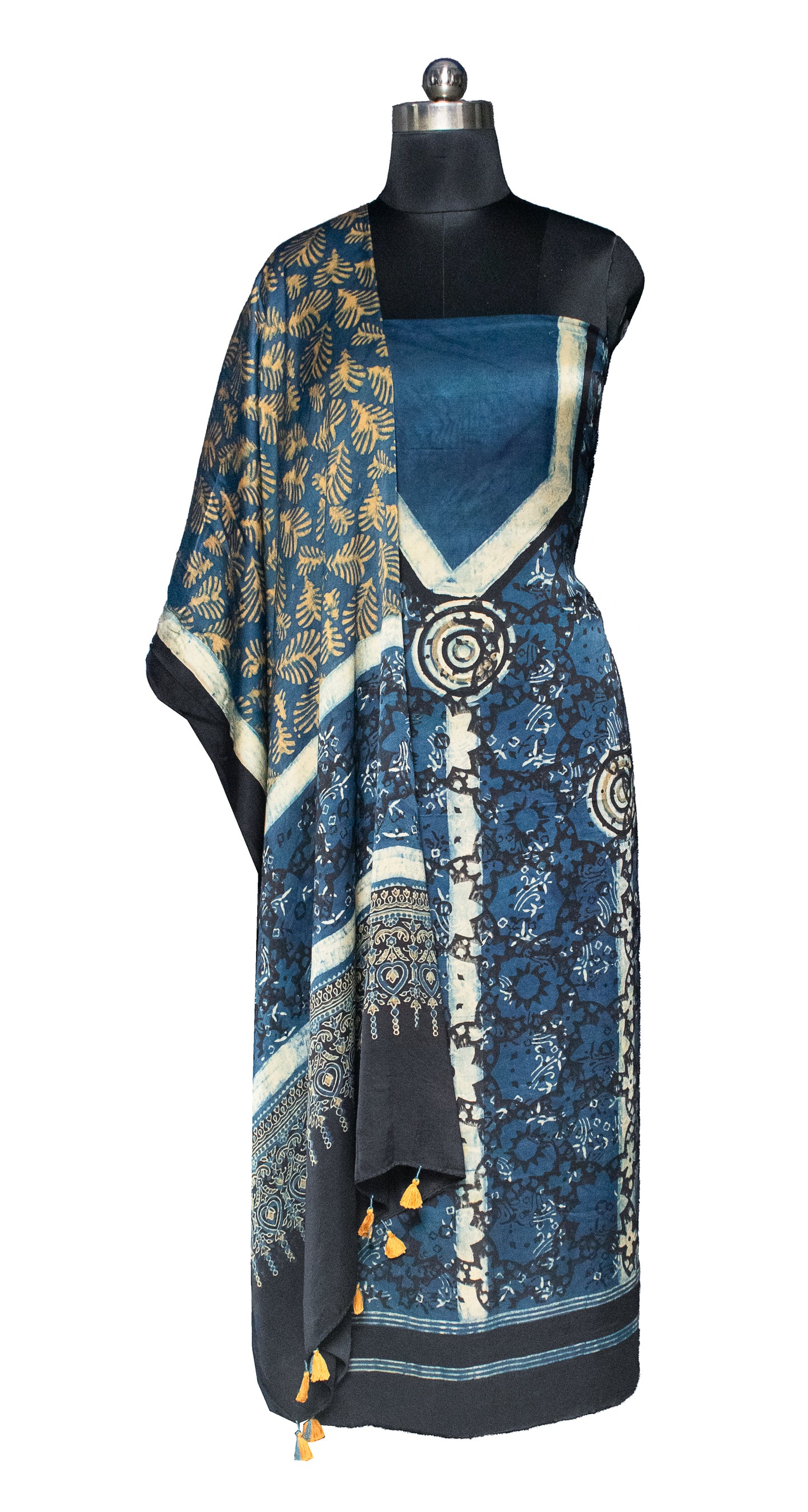 Ajrakh Modal Silk Natural Dye Hand Block Print Kurta-Dupatta (Two Piece Set) with Full Ajrakh Heavy Dupatta with Tassels     -  SKU : ID25701D