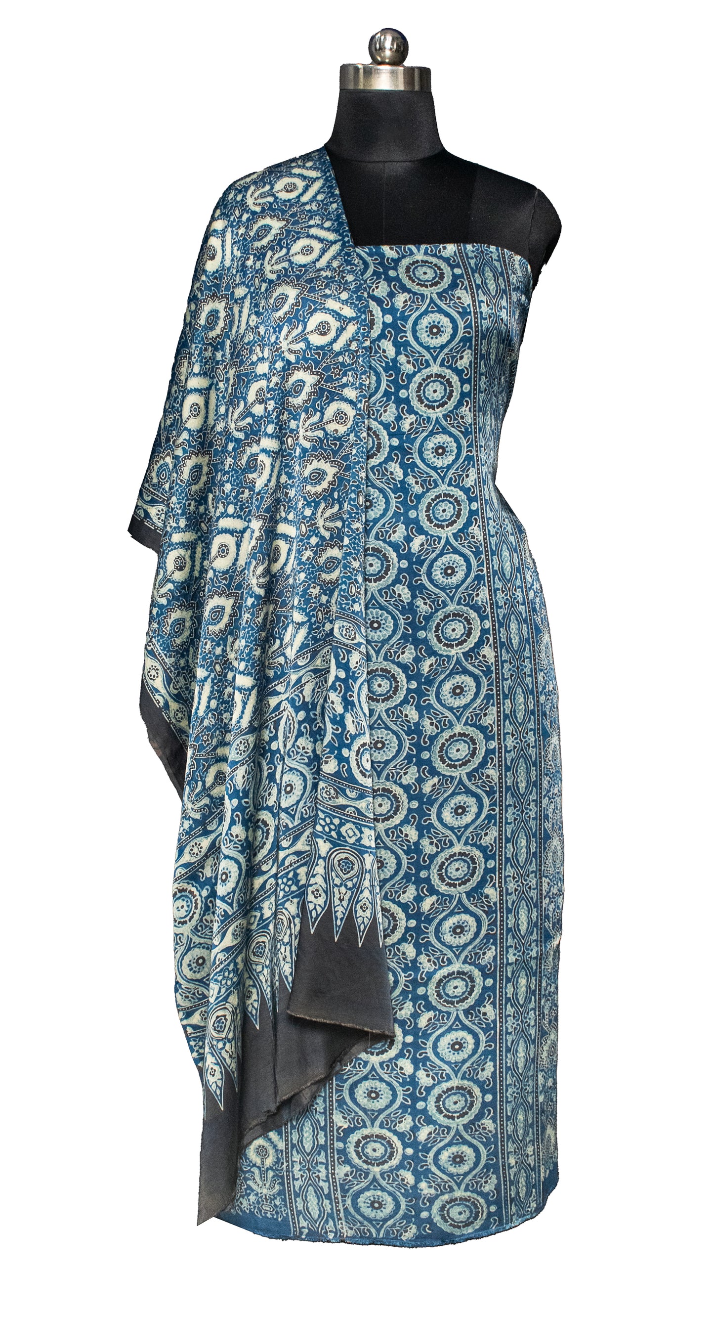 Ajrakh Modal Silk Natural Dye Hand Block Print Kurta-Dupatta (Two Piece Set) with Full Ajrakh Heavy Dupatta with Tassels     -  SKU : ID25701E