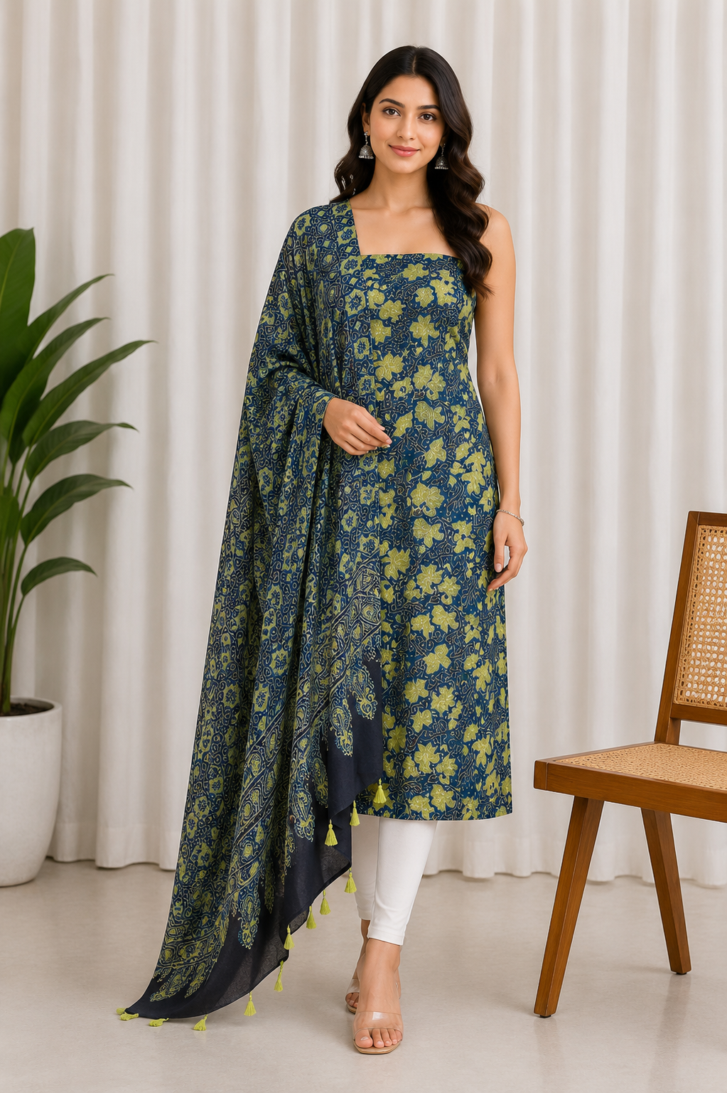 Ajrakh Modal Silk Natural Dye Hand Block Print Kurta-Dupatta (Two Piece Set) with Full Ajrakh Heavy Dupatta with Tassels     -  SKU : ID31701B
