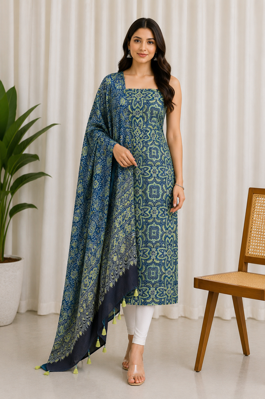 Ajrakh Modal Silk Natural Dye Hand Block Print Kurta-Dupatta (Two Piece Set) with Full Ajrakh Heavy Dupatta with Tassels     -  SKU : ID31701D