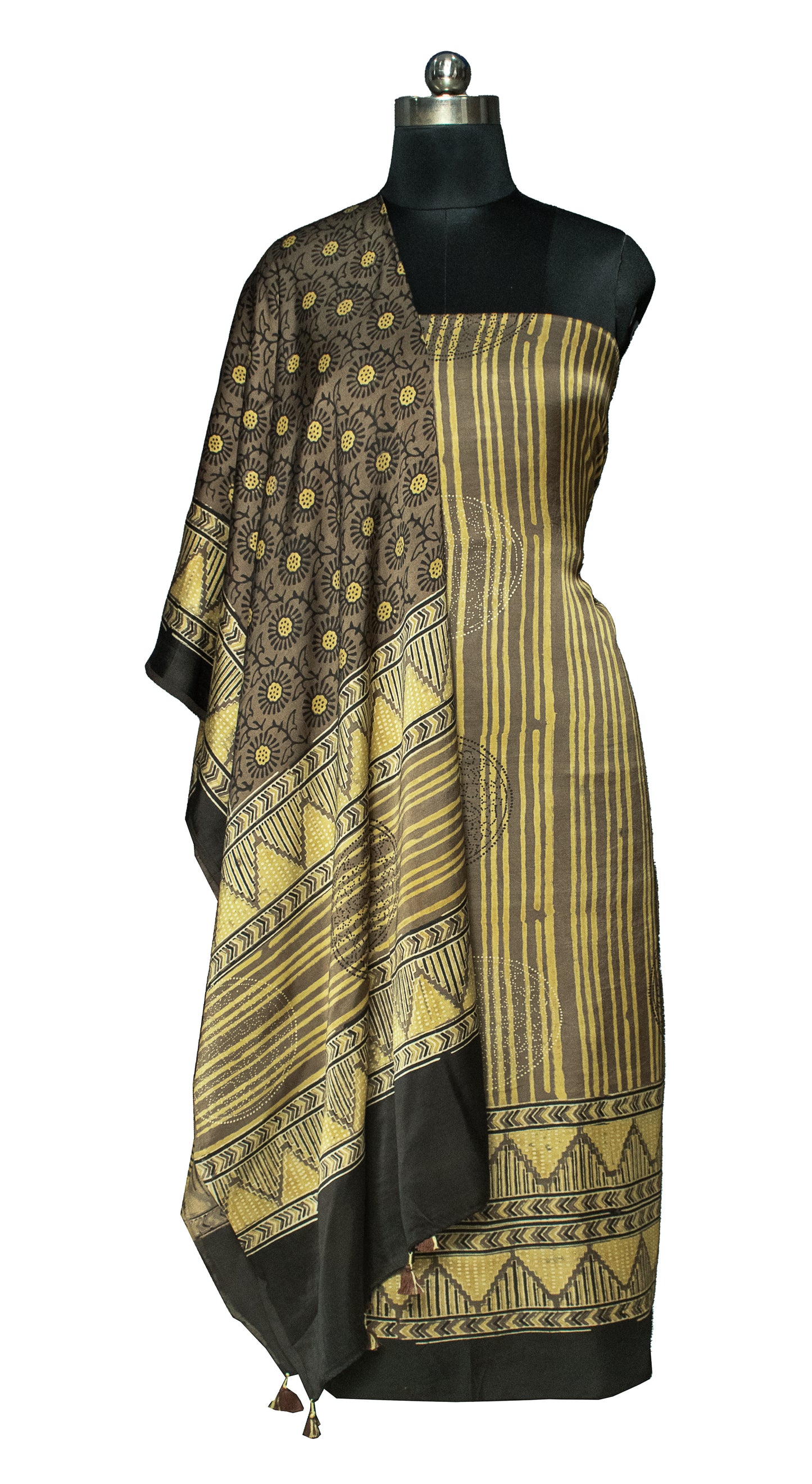 Ajrakh Modal Silk Natural Dye Hand Block Print Kurta-Dupatta (Two Piece Set) with Full Ajrakh Heavy Dupatta with Tassels     -  SKU : ID25701I