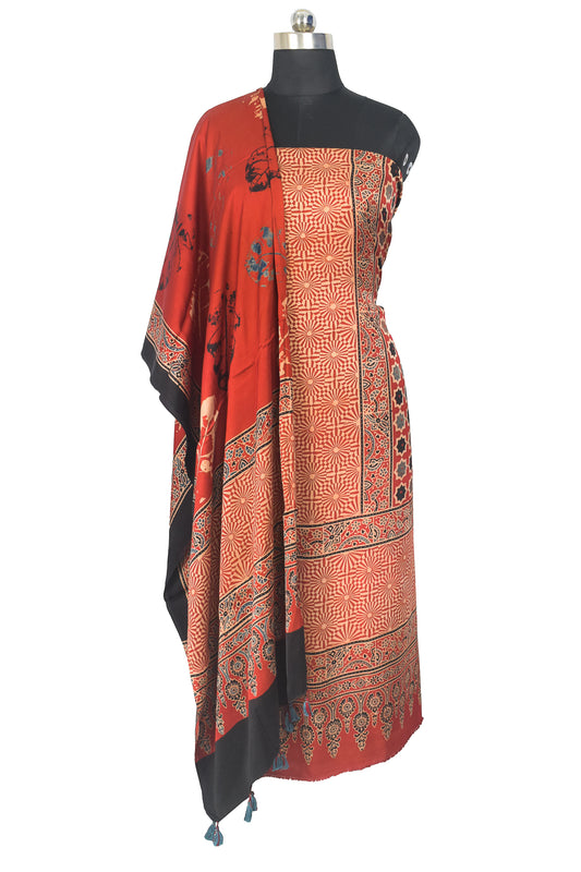 Ajrakh Modal Silk Natural Dye Hand Block Print Kurta-Dupatta (Two Piece Set) with Full Ajrakh Heavy Dupatta with Tassels - 2.5 Mtr Length    -  SKU : AI04103A