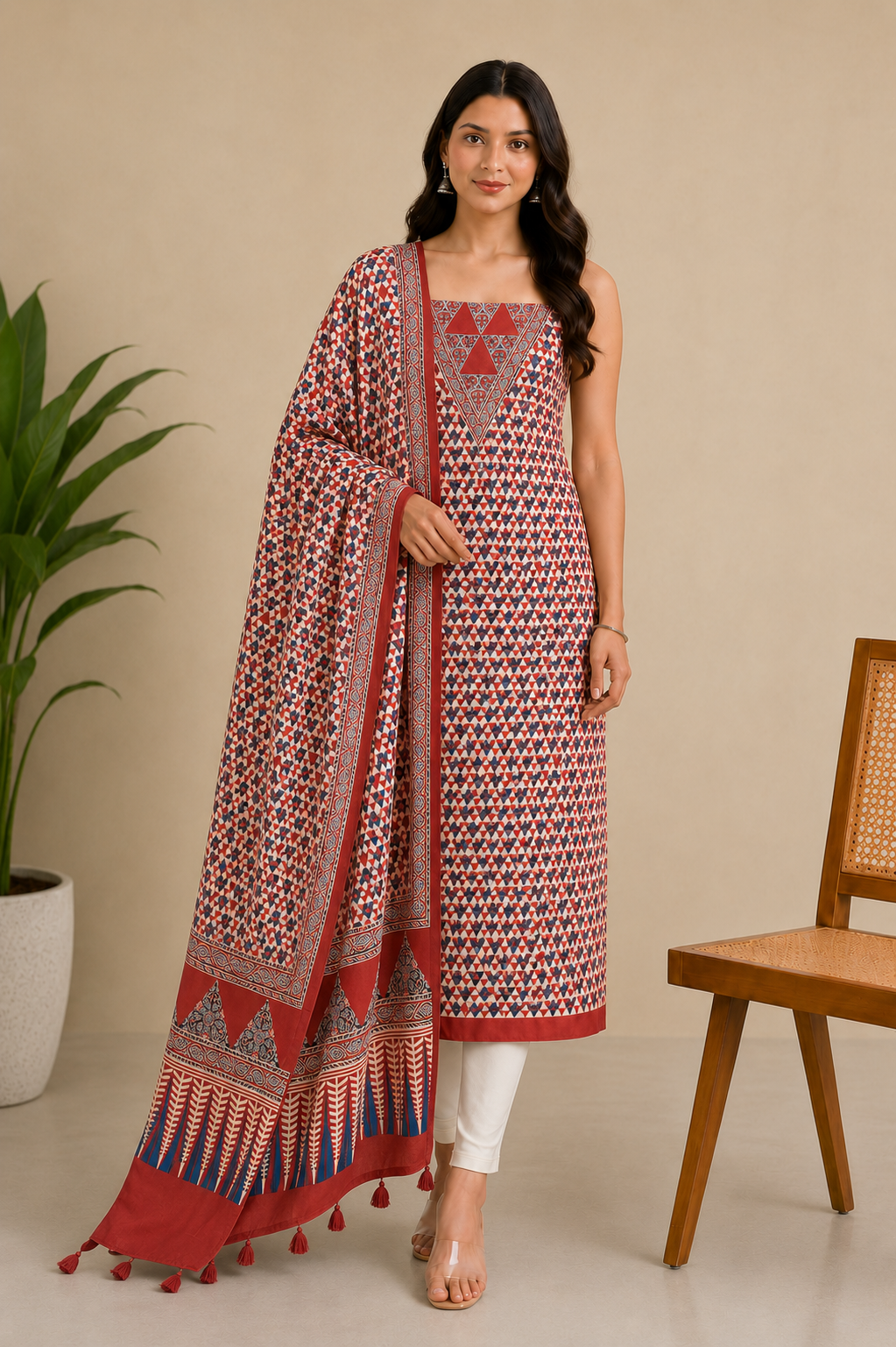 Ajrakh Modal Silk Natural Dye Three Colour Print | 3 Kam | Hand Block Print Kurta-Dupatta (Two Piece Set) with Full Ajrakh Heavy Dupatta with Tassels - 2.5 Mtr Length   -  SKU : AI10601E