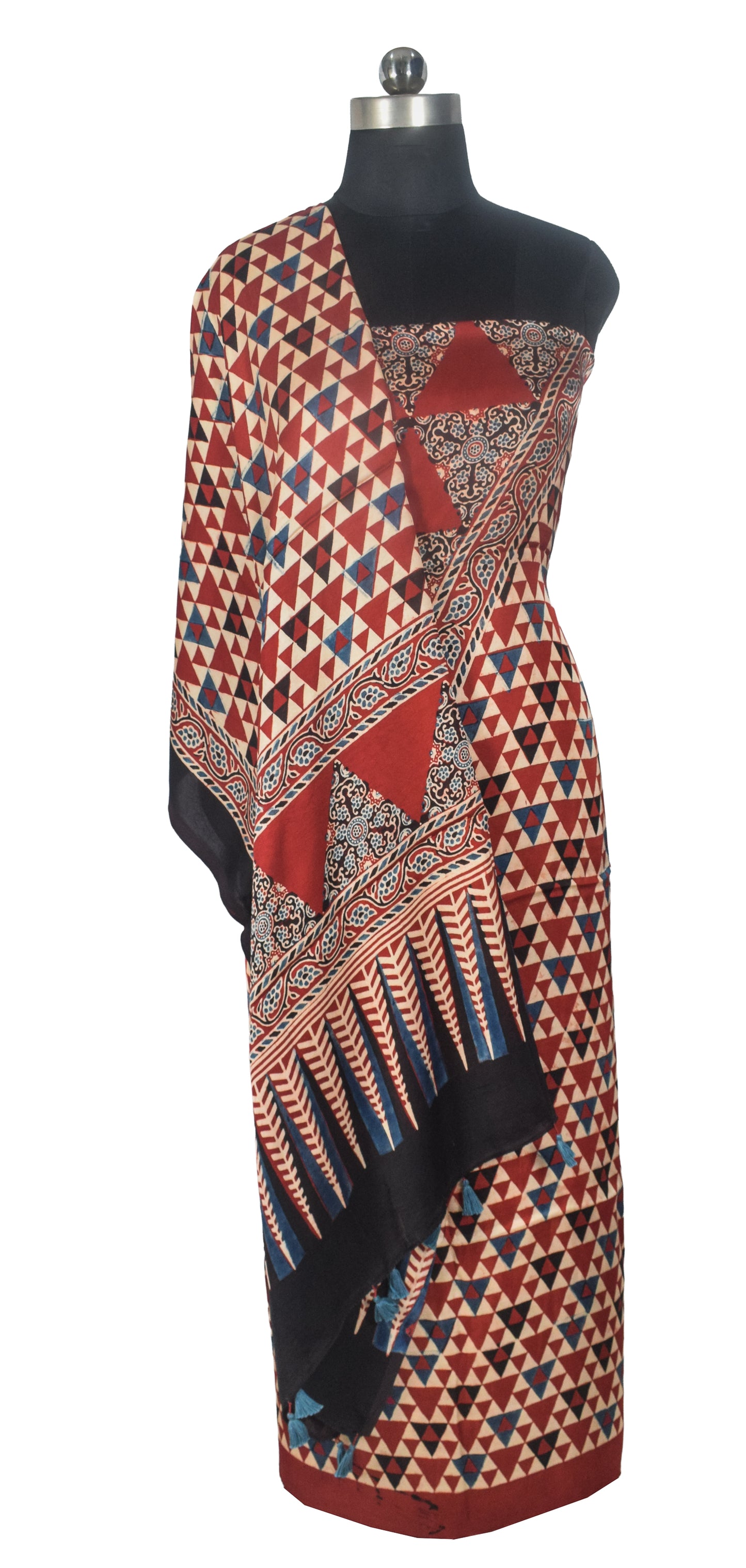 Ajrakh Modal Silk Natural Dye Three Colour Print | 3 Kam | Hand Block Print Kurta-Dupatta (Two Piece Set) with Full Ajrakh Heavy Dupatta with Tassels - 2.5 Mtr Length   -  SKU : AI10601E