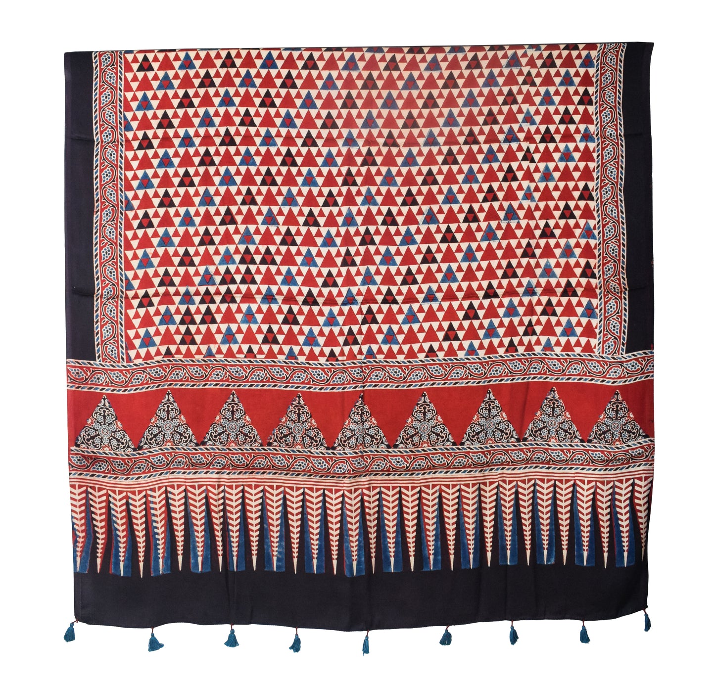 Ajrakh Modal Silk Natural Dye Three Colour Print | 3 Kam | Hand Block Print Kurta-Dupatta (Two Piece Set) with Full Ajrakh Heavy Dupatta with Tassels - 2.5 Mtr Length   -  SKU : AI10601E