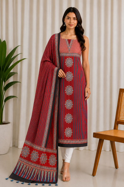 Ajrakh Modal Silk Natural Dye Three Colour Print | 3 Kam | Hand Block Print Kurta-Dupatta (Two Piece Set) with Full Ajrakh Heavy Dupatta with Tassels - 2.5 Mtr Length   -  SKU : AI10601H
