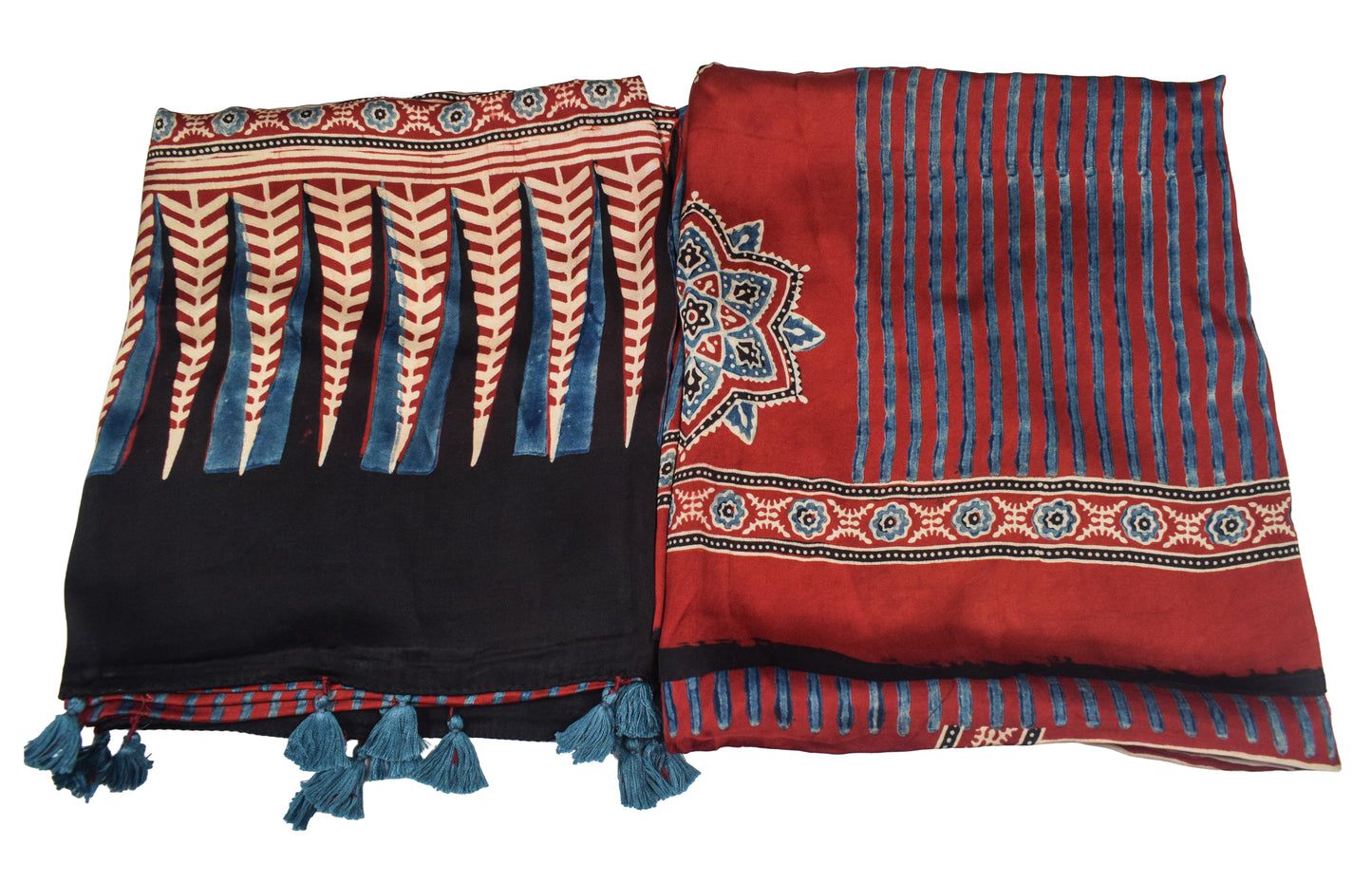 Ajrakh Modal Silk Natural Dye Three Colour Print | 3 Kam | Hand Block Print Kurta-Dupatta (Two Piece Set) with Full Ajrakh Heavy Dupatta with Tassels - 2.5 Mtr Length   -  SKU : AI10601H
