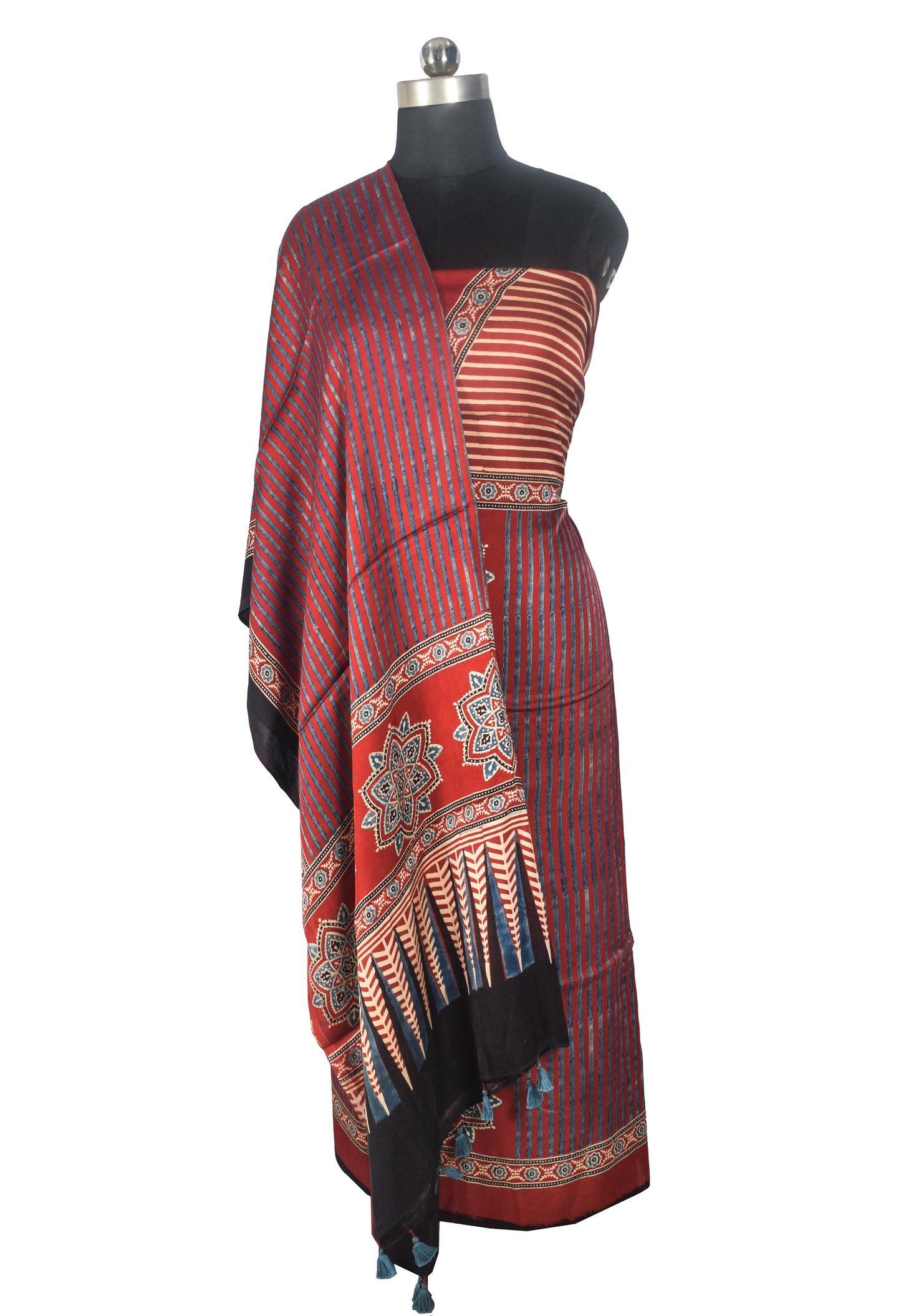 Ajrakh Modal Silk Natural Dye Three Colour Print | 3 Kam | Hand Block Print Kurta-Dupatta (Two Piece Set) with Full Ajrakh Heavy Dupatta with Tassels - 2.5 Mtr Length   -  SKU : AI10601H