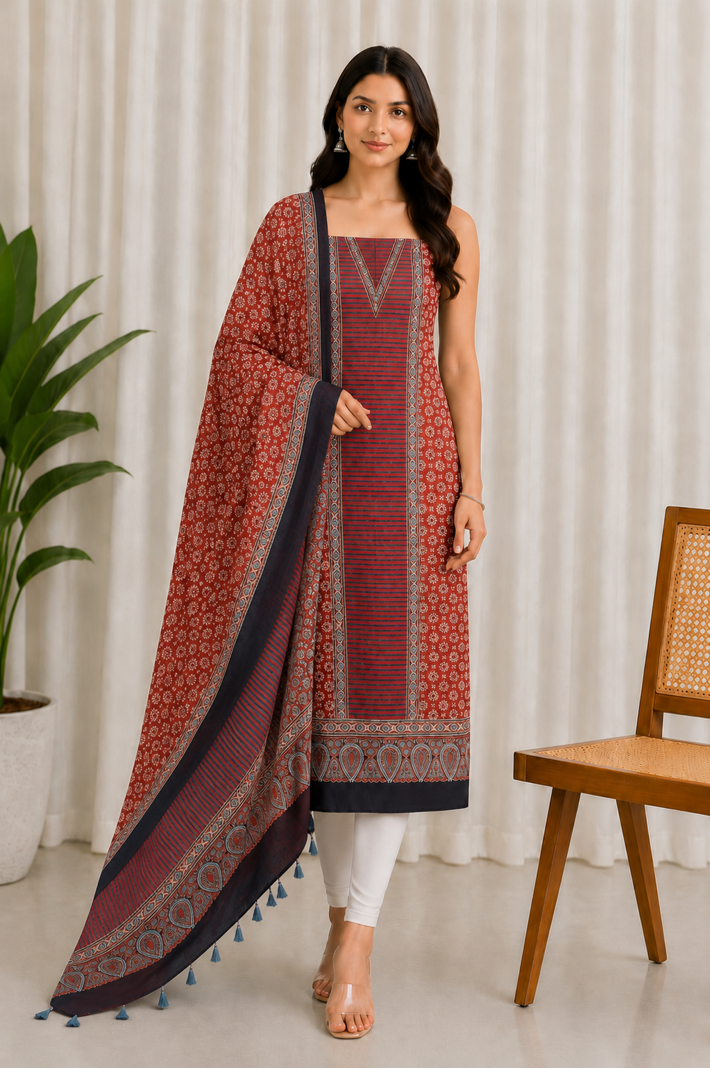 Ajrakh Modal Silk Natural Dye Three Colour Print | 3 Kam | Hand Block Print Kurta-Dupatta (Two Piece Set) with Full Ajrakh Heavy Dupatta with Tassels - 2.5 Mtr Length   -  SKU : AI10601K