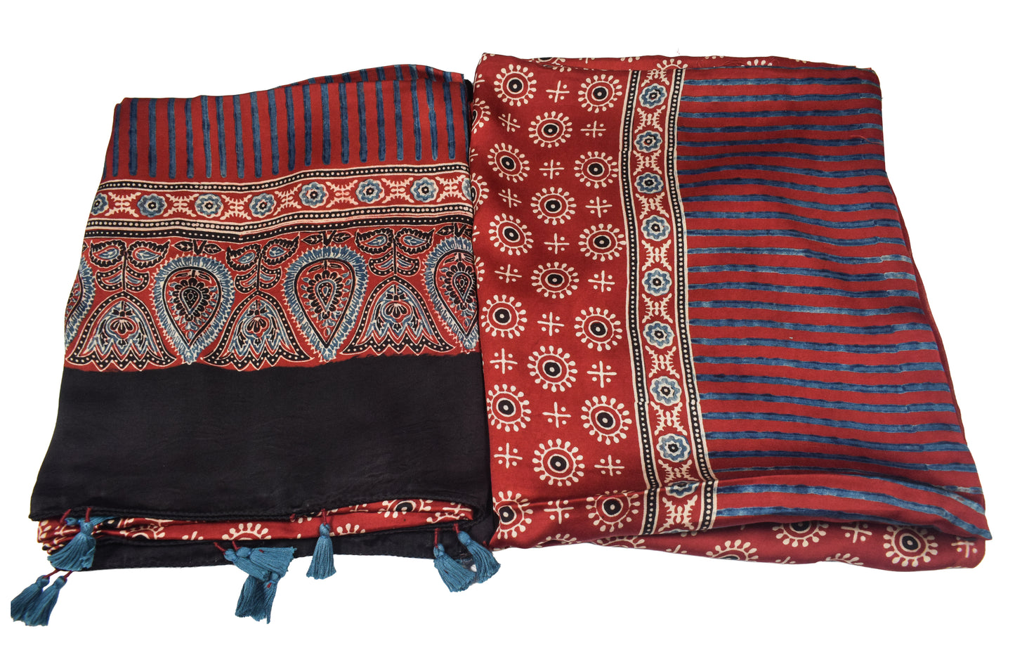 Ajrakh Modal Silk Natural Dye Three Colour Print | 3 Kam | Hand Block Print Kurta-Dupatta (Two Piece Set) with Full Ajrakh Heavy Dupatta with Tassels - 2.5 Mtr Length   -  SKU : AI10601K