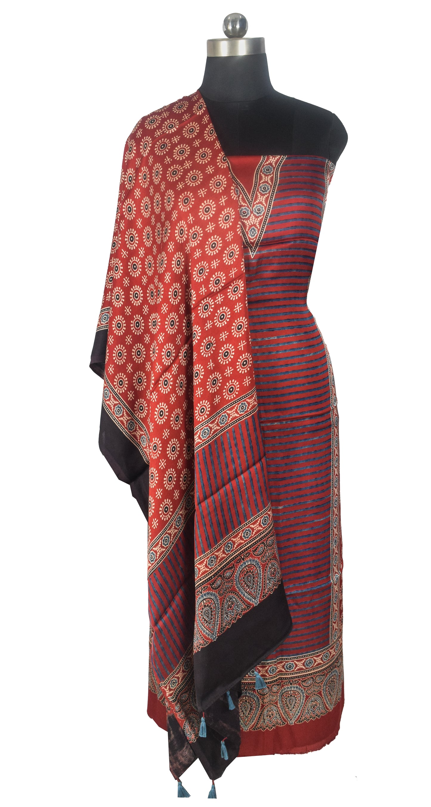 Ajrakh Modal Silk Natural Dye Three Colour Print | 3 Kam | Hand Block Print Kurta-Dupatta (Two Piece Set) with Full Ajrakh Heavy Dupatta with Tassels - 2.5 Mtr Length   -  SKU : AI10601K