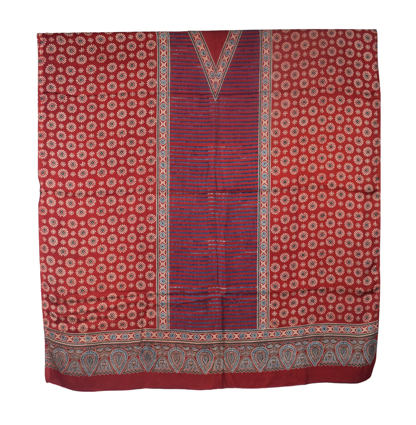 Ajrakh Modal Silk Natural Dye Three Colour Print | 3 Kam | Hand Block Print Kurta-Dupatta (Two Piece Set) with Full Ajrakh Heavy Dupatta with Tassels - 2.5 Mtr Length   -  SKU : AI10601K