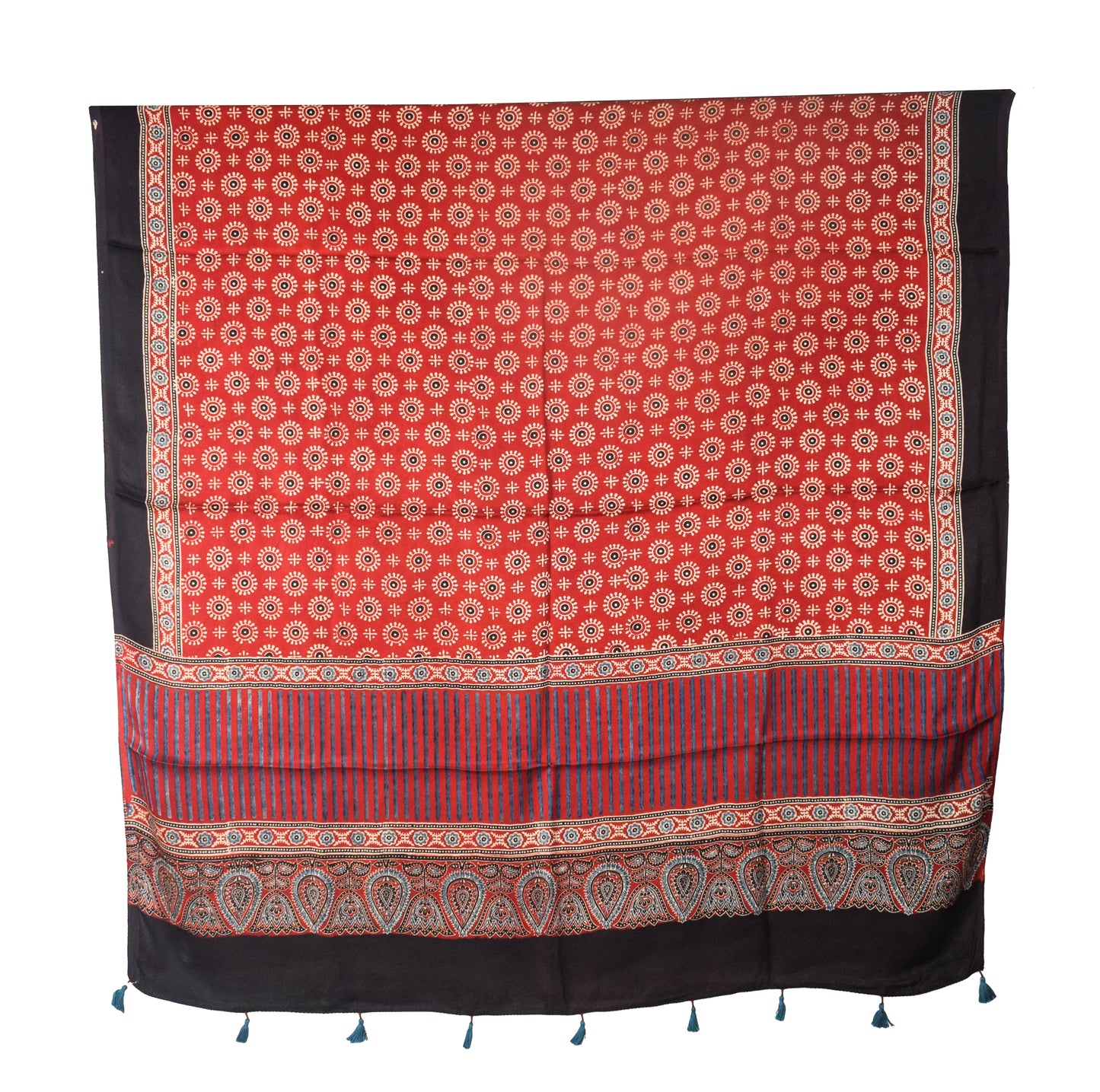 Ajrakh Modal Silk Natural Dye Three Colour Print | 3 Kam | Hand Block Print Kurta-Dupatta (Two Piece Set) with Full Ajrakh Heavy Dupatta with Tassels - 2.5 Mtr Length   -  SKU : AI10601K