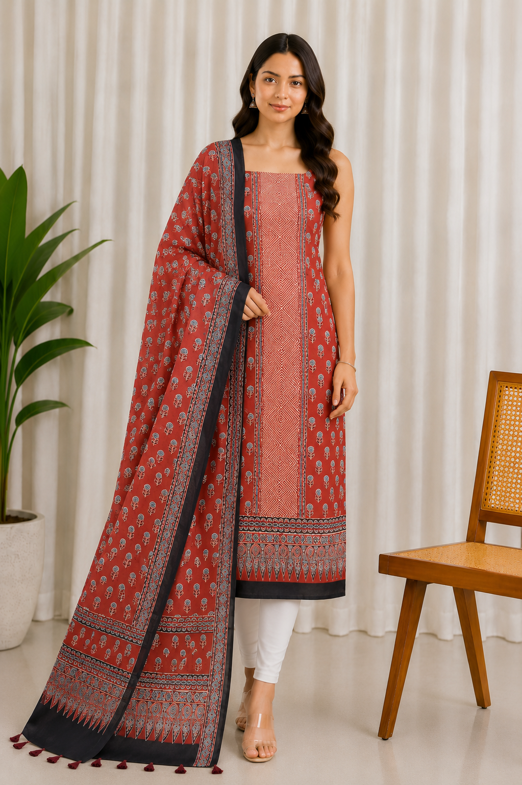 Ajrakh Modal Silk Natural Dye Three Colour Print | 3 Kam | Hand Block Print Kurta-Dupatta (Two Piece Set) with Full Ajrakh Heavy Dupatta with Tassels - 2.5 Mtr Length   -  SKU : AI10601N