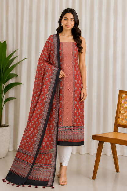 Ajrakh Modal Silk Natural Dye Three Colour Print | 3 Kam | Hand Block Print Kurta-Dupatta (Two Piece Set) with Full Ajrakh Heavy Dupatta with Tassels - 2.5 Mtr Length   -  SKU : AI10601N