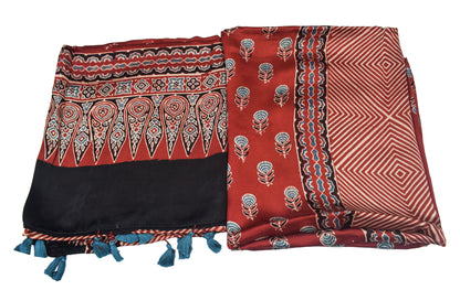 Ajrakh Modal Silk Natural Dye Three Colour Print | 3 Kam | Hand Block Print Kurta-Dupatta (Two Piece Set) with Full Ajrakh Heavy Dupatta with Tassels - 2.5 Mtr Length   -  SKU : AI10601N