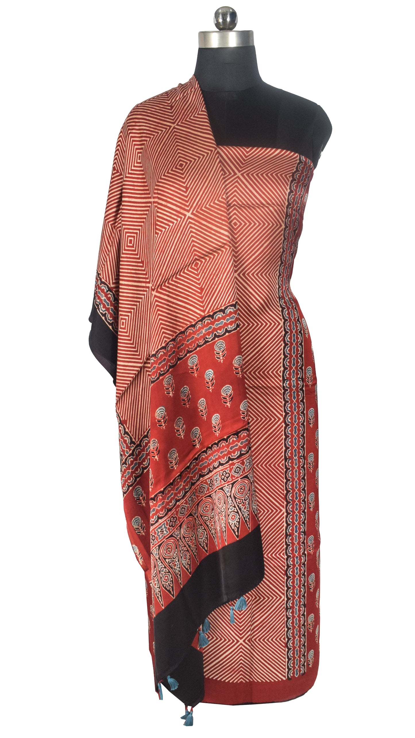 Ajrakh Modal Silk Natural Dye Three Colour Print | 3 Kam | Hand Block Print Kurta-Dupatta (Two Piece Set) with Full Ajrakh Heavy Dupatta with Tassels - 2.5 Mtr Length   -  SKU : AI10601N