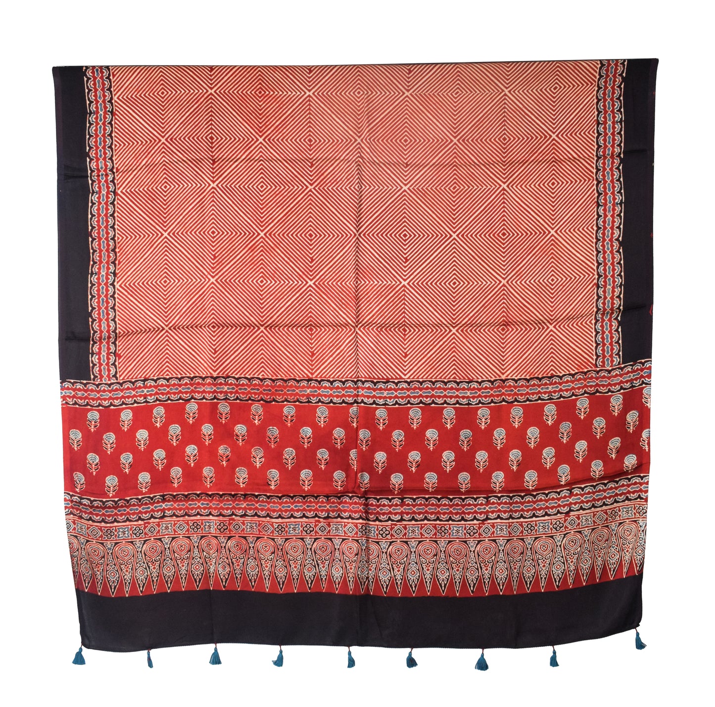 Ajrakh Modal Silk Natural Dye Three Colour Print | 3 Kam | Hand Block Print Kurta-Dupatta (Two Piece Set) with Full Ajrakh Heavy Dupatta with Tassels - 2.5 Mtr Length   -  SKU : AI10601N