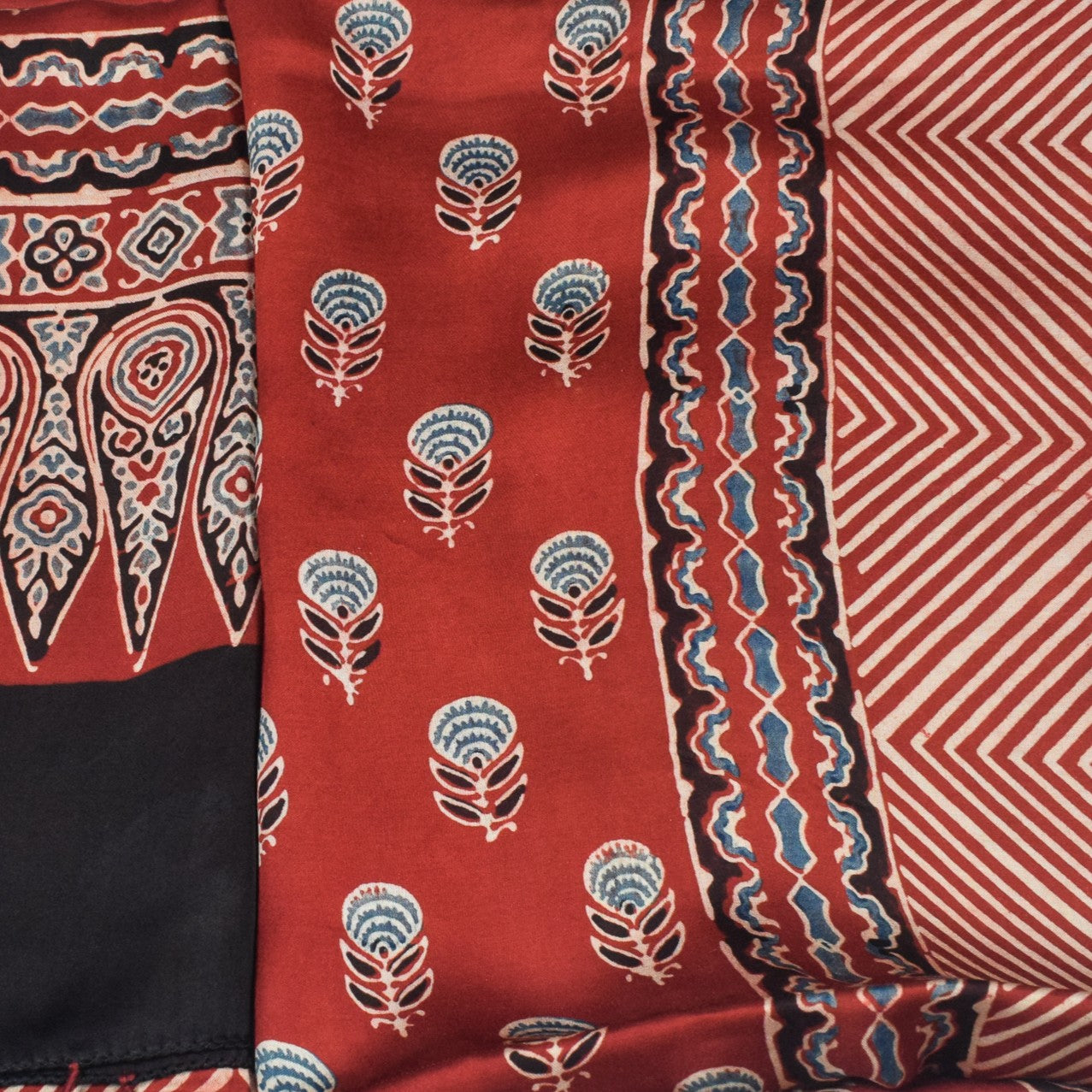 Ajrakh Modal Silk Natural Dye Three Colour Print | 3 Kam | Hand Block Print Kurta-Dupatta (Two Piece Set) with Full Ajrakh Heavy Dupatta with Tassels - 2.5 Mtr Length   -  SKU : AI10601N