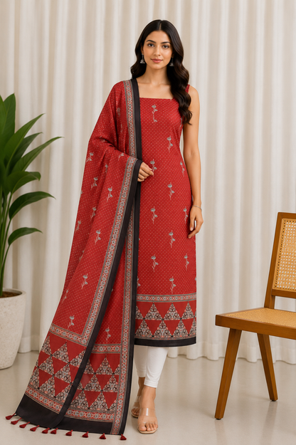 Ajrakh Modal Silk Natural Dye Three Colour Print | 3 Kam | Hand Block Print Kurta-Dupatta (Two Piece Set) with Full Ajrakh Heavy Dupatta with Tassels - 2.5 Mtr Length   -  SKU : AI10601Q