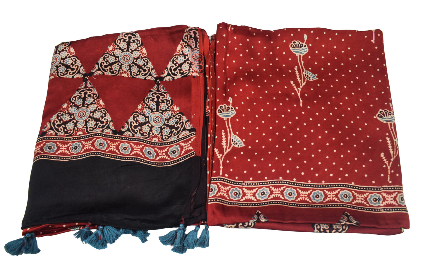 Ajrakh Modal Silk Natural Dye Three Colour Print | 3 Kam | Hand Block Print Kurta-Dupatta (Two Piece Set) with Full Ajrakh Heavy Dupatta with Tassels - 2.5 Mtr Length   -  SKU : AI10601Q