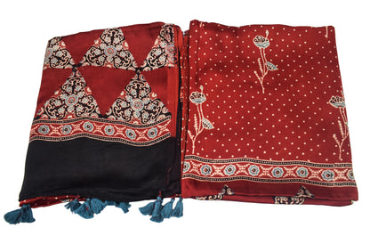 Ajrakh Modal Silk Natural Dye Three Colour Print | 3 Kam | Hand Block Print Kurta-Dupatta (Two Piece Set) with Full Ajrakh Heavy Dupatta with Tassels - 2.5 Mtr Length   -  SKU : AI10601Q