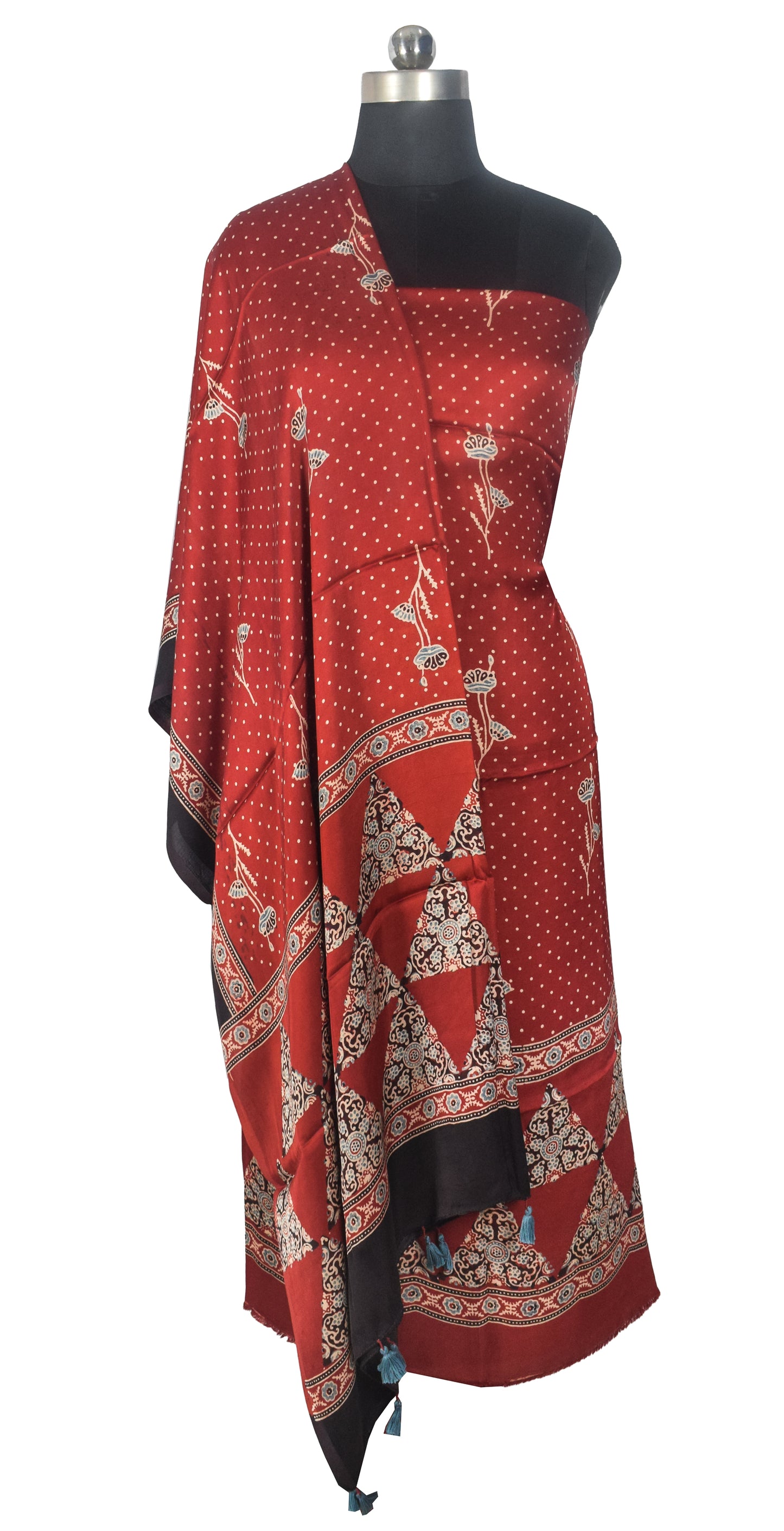 Ajrakh Modal Silk Natural Dye Three Colour Print | 3 Kam | Hand Block Print Kurta-Dupatta (Two Piece Set) with Full Ajrakh Heavy Dupatta with Tassels - 2.5 Mtr Length   -  SKU : AI10601Q