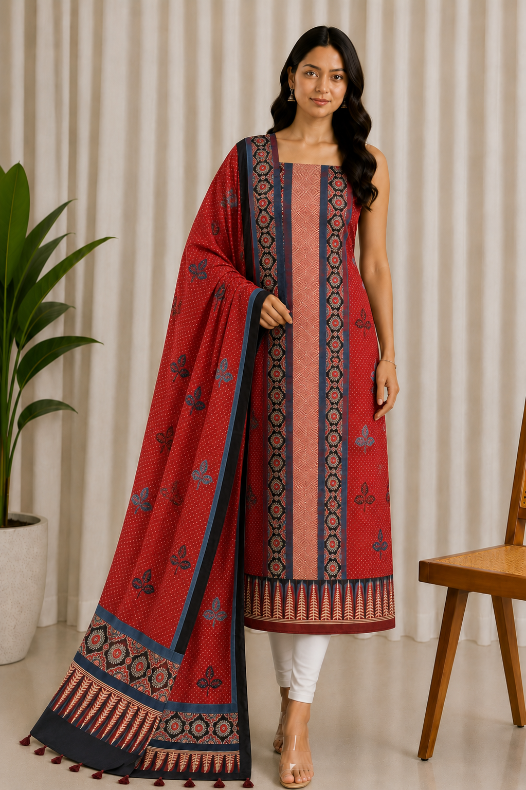 Ajrakh Modal Silk Natural Dye Three Colour Print | 3 Kam | Hand Block Print Kurta-Dupatta (Two Piece Set) with Full Ajrakh Heavy Dupatta with Tassels - 2.5 Mtr Length   -  SKU : AI10601T