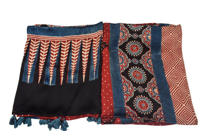 Ajrakh Modal Silk Natural Dye Three Colour Print | 3 Kam | Hand Block Print Kurta-Dupatta (Two Piece Set) with Full Ajrakh Heavy Dupatta with Tassels - 2.5 Mtr Length   -  SKU : AI10601T