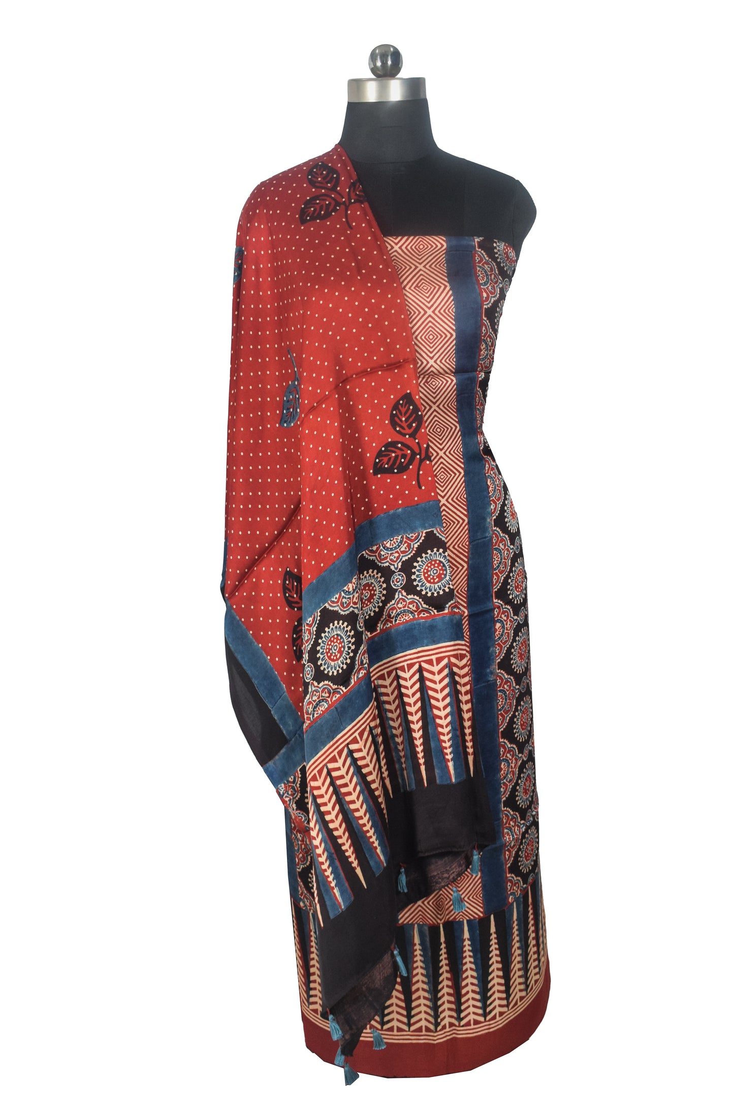 Ajrakh Modal Silk Natural Dye Three Colour Print | 3 Kam | Hand Block Print Kurta-Dupatta (Two Piece Set) with Full Ajrakh Heavy Dupatta with Tassels - 2.5 Mtr Length   -  SKU : AI10601T