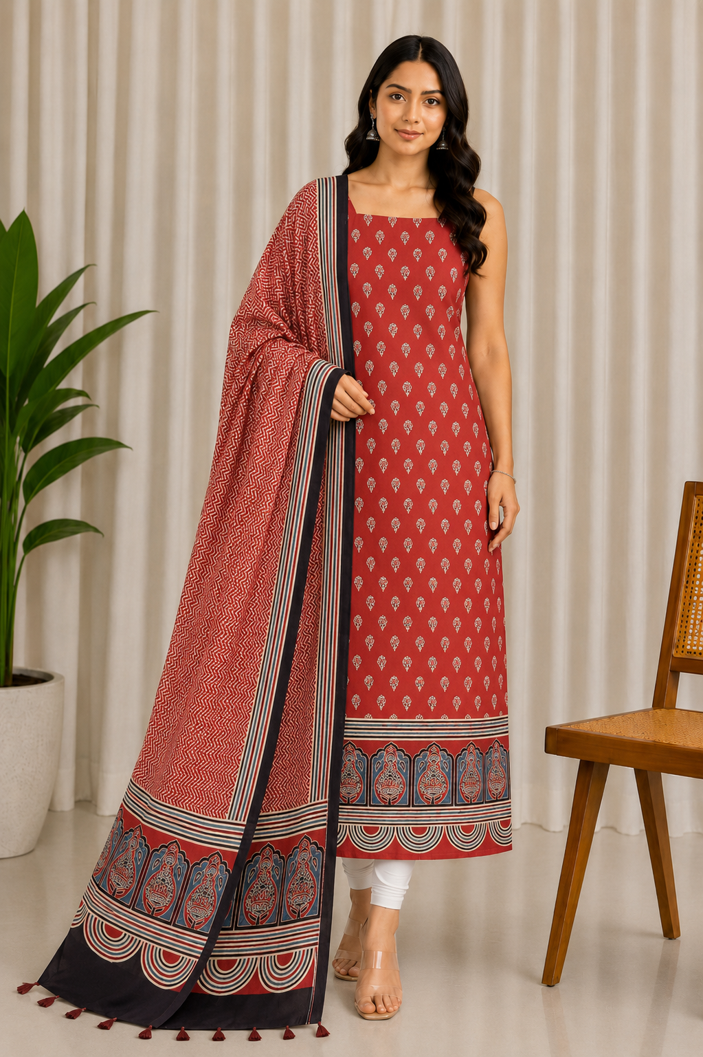 Ajrakh Modal Silk Natural Dye Three Colour Print | 3 Kam | Hand Block Print Kurta-Dupatta (Two Piece Set) with Full Ajrakh Heavy Dupatta with Tassels - 2.5 Mtr Length   -  SKU : AI10601W