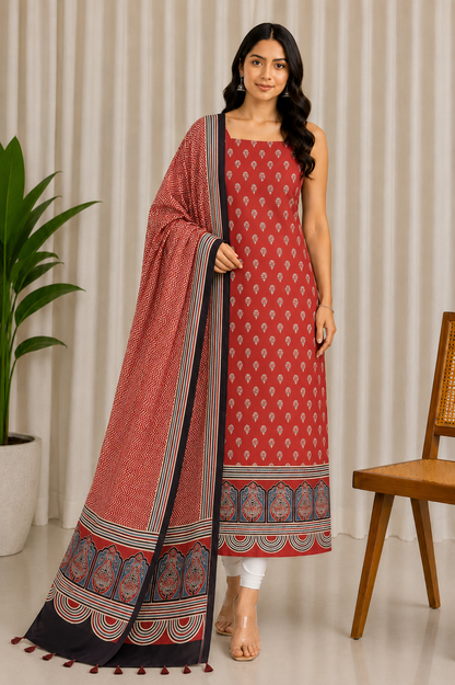 Ajrakh Modal Silk Natural Dye Three Colour Print | 3 Kam | Hand Block Print Kurta-Dupatta (Two Piece Set) with Full Ajrakh Heavy Dupatta with Tassels - 2.5 Mtr Length   -  SKU : AI10601W