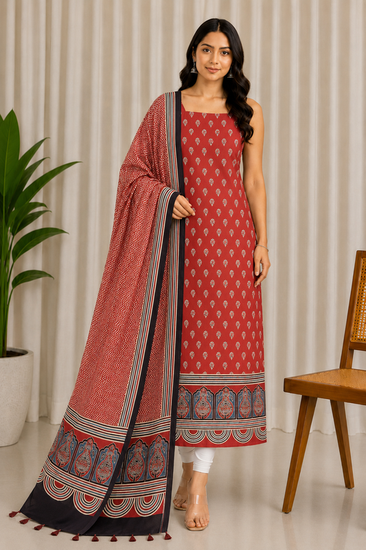 Ajrakh Modal Silk Natural Dye Three Colour Print | 3 Kam | Hand Block Print Kurta-Dupatta (Two Piece Set) with Full Ajrakh Heavy Dupatta with Tassels - 2.5 Mtr Length   -  SKU : AI10601W