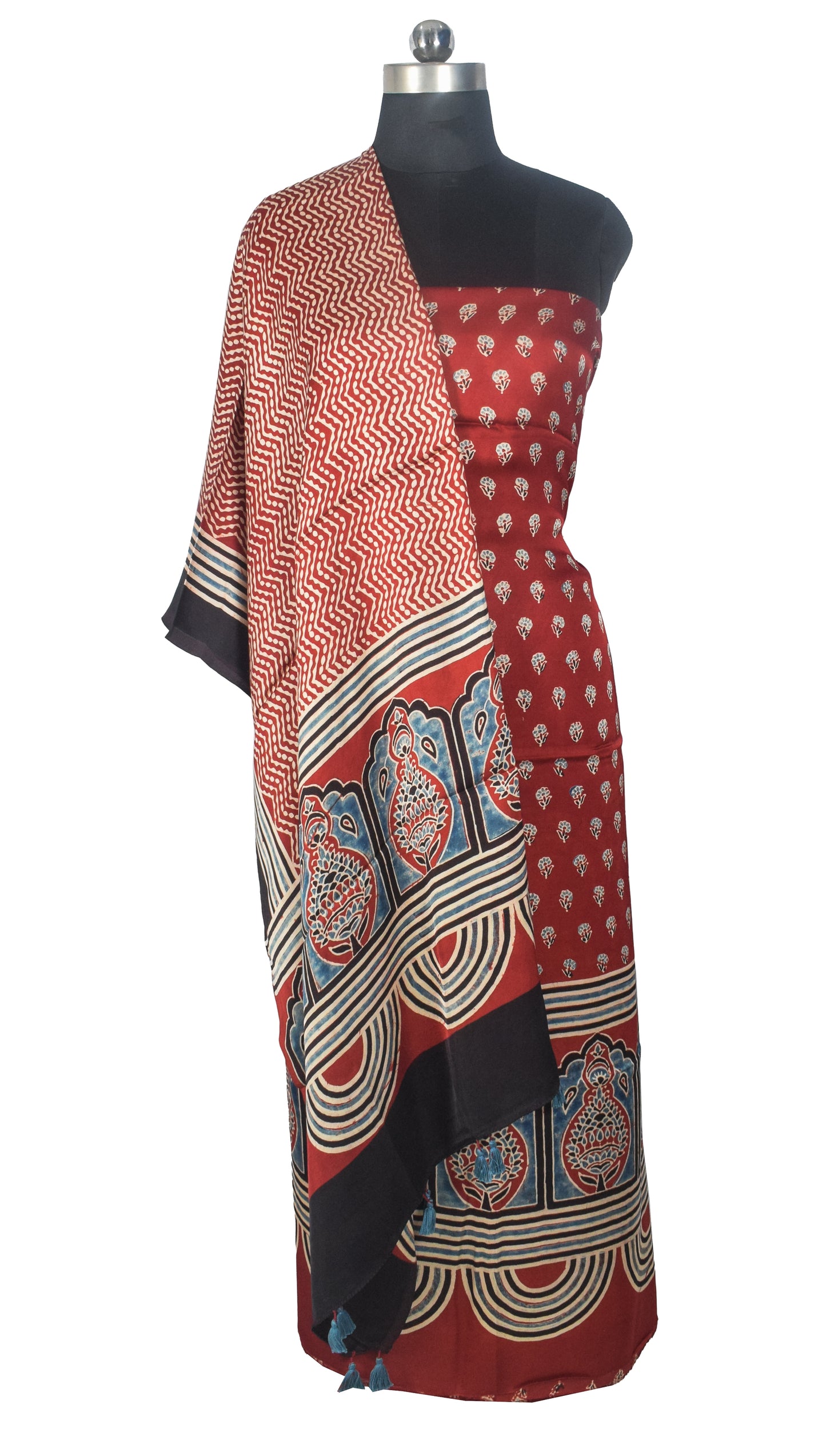 Ajrakh Modal Silk Natural Dye Three Colour Print | 3 Kam | Hand Block Print Kurta-Dupatta (Two Piece Set) with Full Ajrakh Heavy Dupatta with Tassels - 2.5 Mtr Length   -  SKU : AI10601W