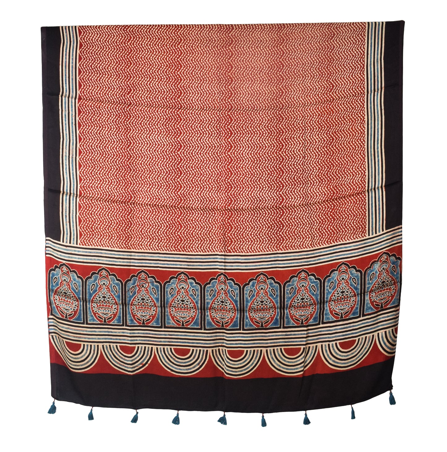 Ajrakh Modal Silk Natural Dye Three Colour Print | 3 Kam | Hand Block Print Kurta-Dupatta (Two Piece Set) with Full Ajrakh Heavy Dupatta with Tassels - 2.5 Mtr Length   -  SKU : AI10601W