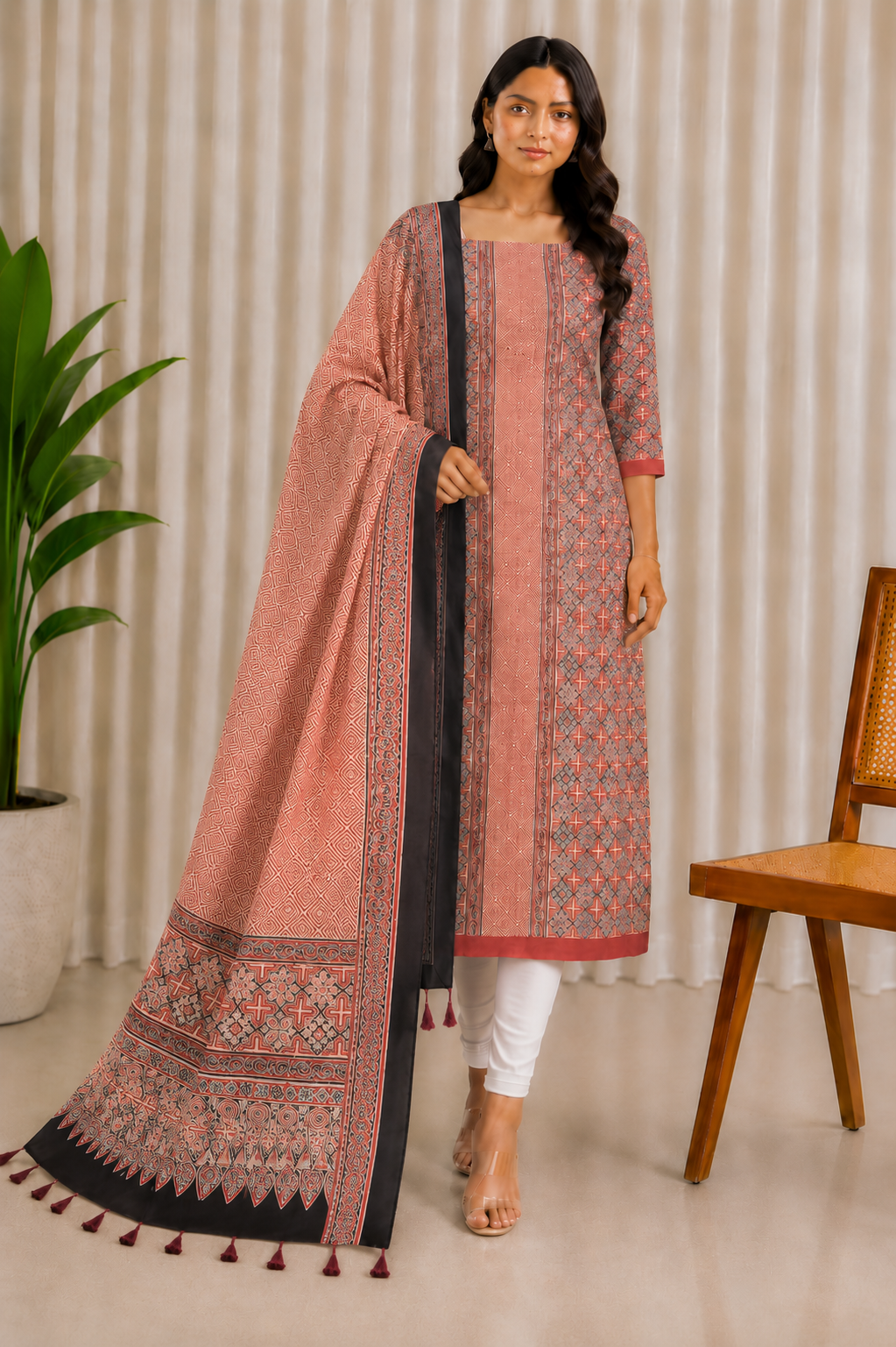 Ajrakh Modal Silk Natural Dye Three Colour Print | 3 Kam | Hand Block Print Kurta-Dupatta (Two Piece Set) with Full Ajrakh Heavy Dupatta with Tassels - 2.5 Mtr Length   -  SKU : AI10601Z