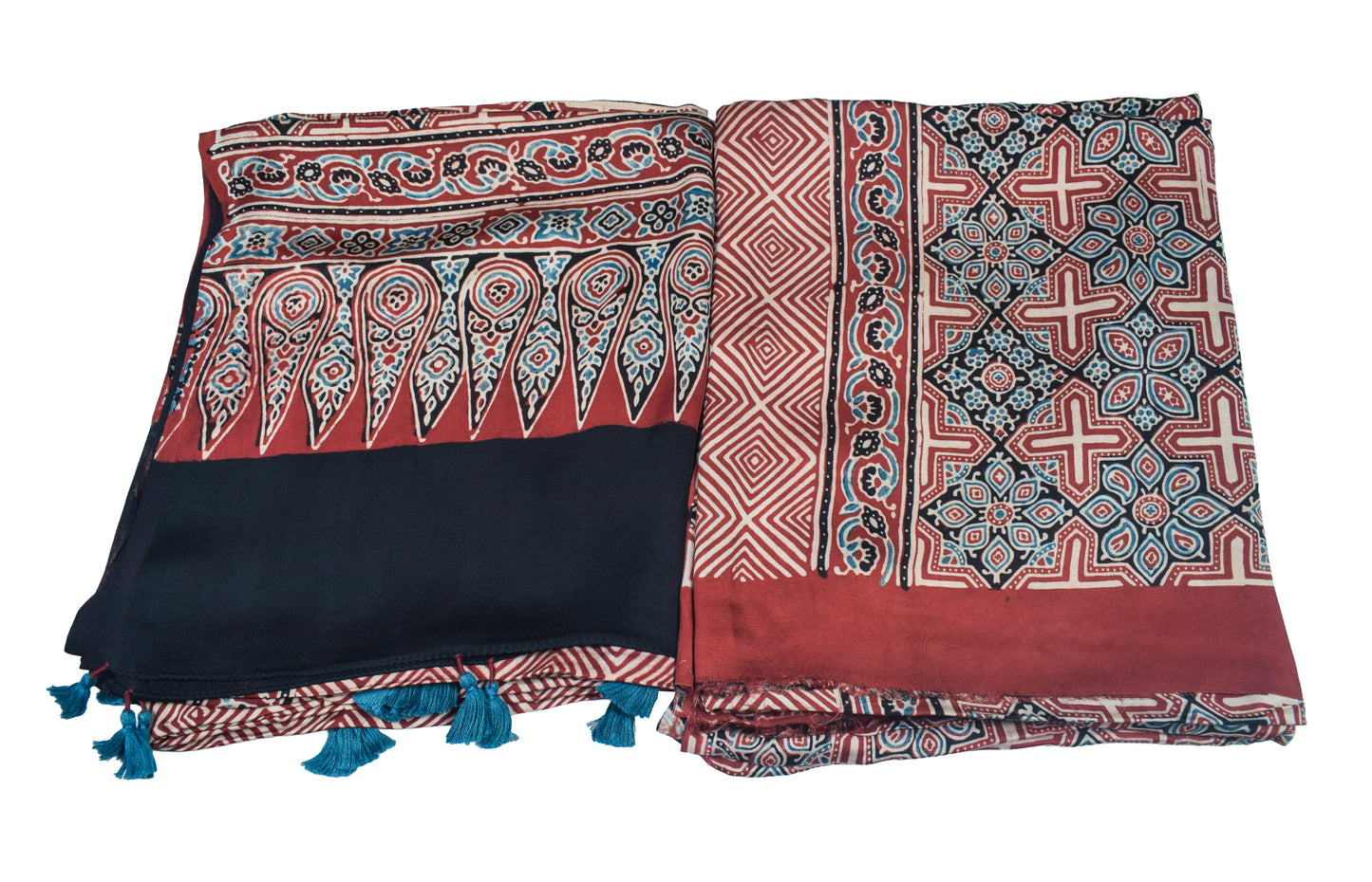 Ajrakh Modal Silk Natural Dye Three Colour Print | 3 Kam | Hand Block Print Kurta-Dupatta (Two Piece Set) with Full Ajrakh Heavy Dupatta with Tassels - 2.5 Mtr Length   -  SKU : AI10601Z