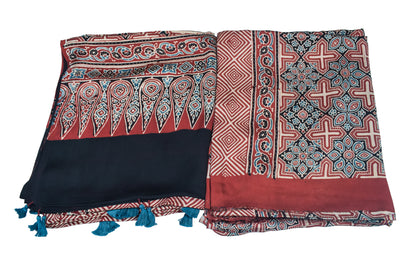 Ajrakh Modal Silk Natural Dye Three Colour Print | 3 Kam | Hand Block Print Kurta-Dupatta (Two Piece Set) with Full Ajrakh Heavy Dupatta with Tassels - 2.5 Mtr Length   -  SKU : AI10601Z