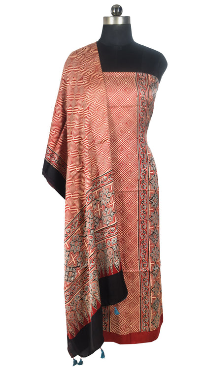 Ajrakh Modal Silk Natural Dye Three Colour Print | 3 Kam | Hand Block Print Kurta-Dupatta (Two Piece Set) with Full Ajrakh Heavy Dupatta with Tassels - 2.5 Mtr Length   -  SKU : AI10601Z