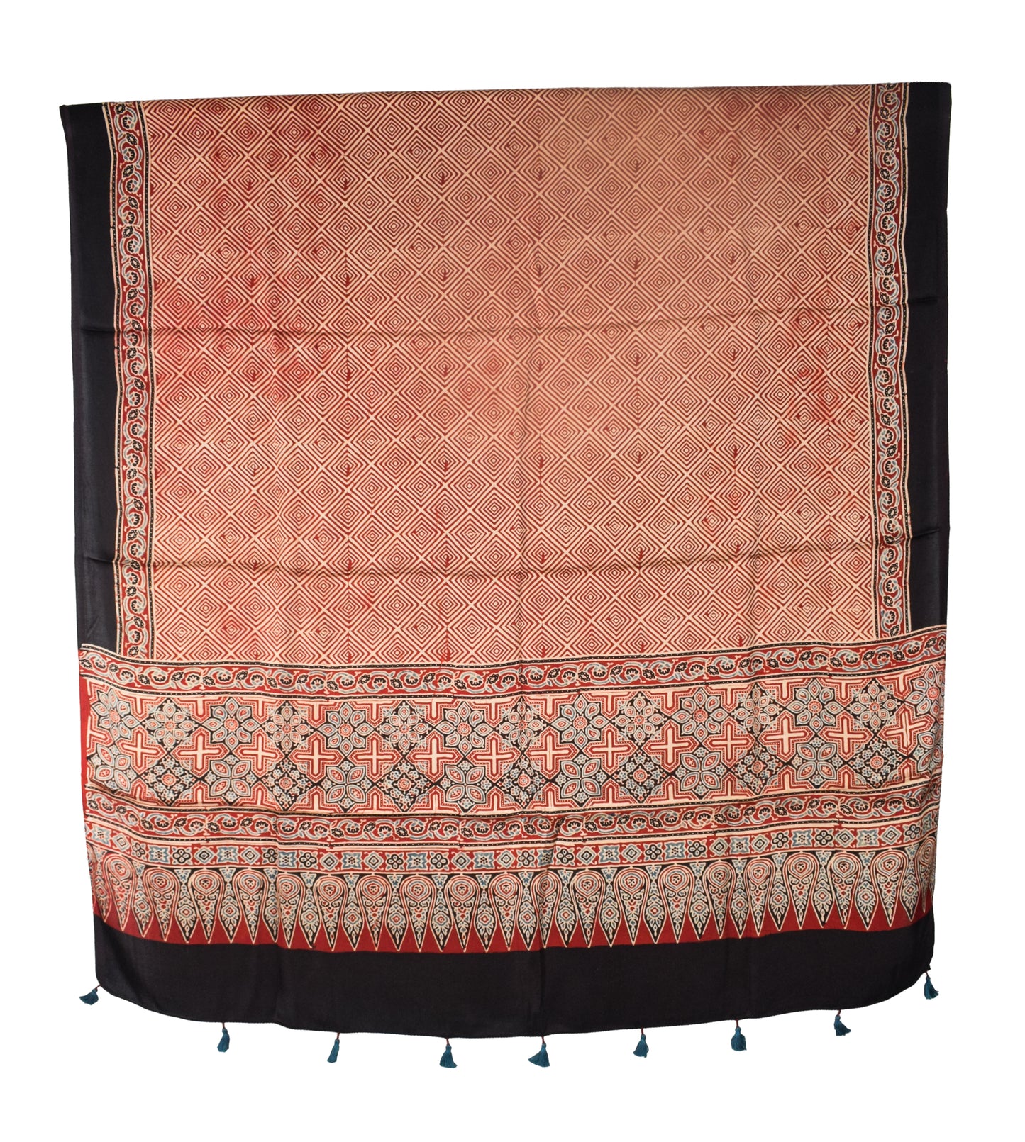 Ajrakh Modal Silk Natural Dye Three Colour Print | 3 Kam | Hand Block Print Kurta-Dupatta (Two Piece Set) with Full Ajrakh Heavy Dupatta with Tassels - 2.5 Mtr Length   -  SKU : AI10601Z