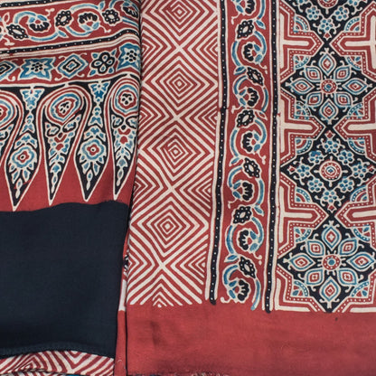 Ajrakh Modal Silk Natural Dye Three Colour Print | 3 Kam | Hand Block Print Kurta-Dupatta (Two Piece Set) with Full Ajrakh Heavy Dupatta with Tassels - 2.5 Mtr Length   -  SKU : AI10601Z