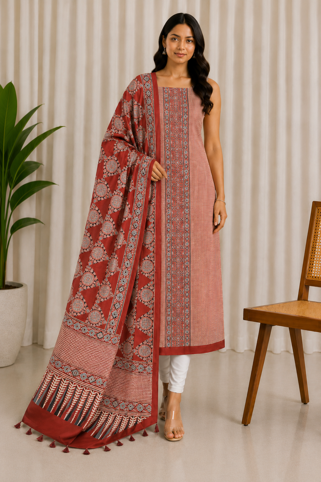Ajrakh Modal Silk Natural Dye Three Colour Print | 3 Kam | Hand Block Print Kurta-Dupatta (Two Piece Set) with Full Ajrakh Heavy Dupatta with Tassels - 2.5 Mtr Length   -  SKU : AI1060AC